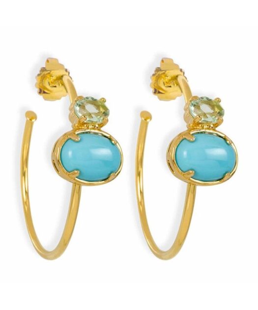 Pendientes de aro dorados con turquesa y un cristal Swarovski