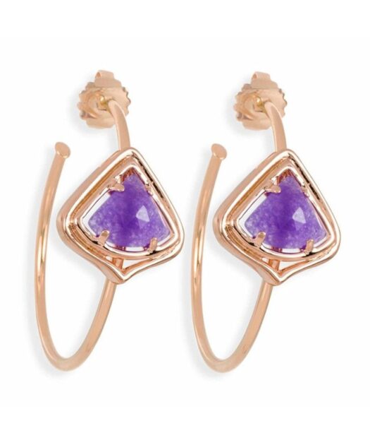 Pendientes de aro rosas con jade morado de plata con baño de oro rosa