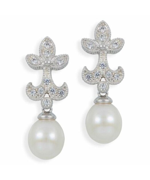 Pendientes de boda con perla en plata de ley rodinada y Swarovski Elements