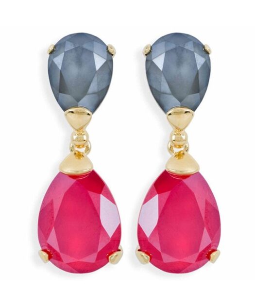 Pendientes de lágrimas grises y rojas Swarovski Elements en plata con un baño de oro