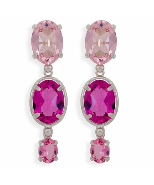 Pendientes de plata con tres Swarovski Elements en tonos rosas y fucsias