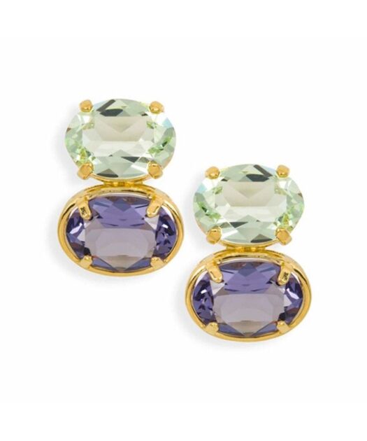 Pendientes dorados con cristales violetas y verdes en plata de primera ley