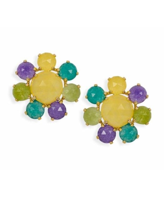 Pendientes flor de jade multicolor de plata bañada en oro de ley