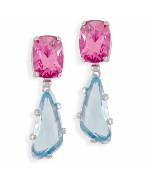 Pendientes fucsias y azules de plata rodinada con cristales Swarovski
