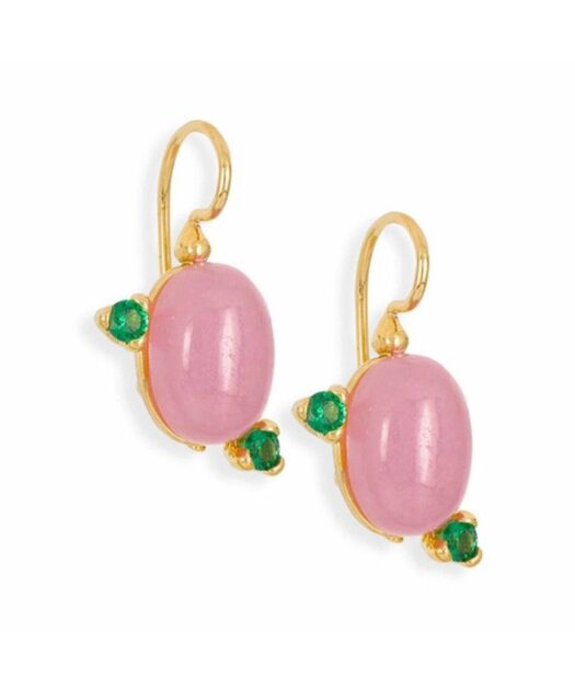 Pendientes gancho ovalados de jade rosa fabricados en plata de ley con Swarovski