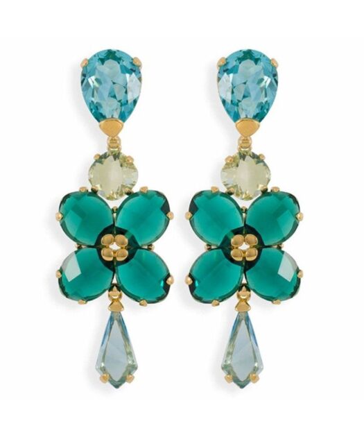 Pendientes largos azules, grises y verdes de plata bañada en oro amarillo