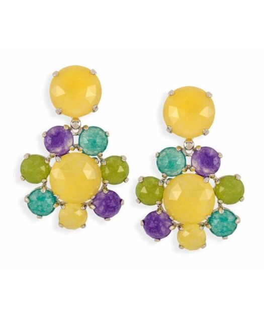 Pendientes largos con flor de jade de colores de plata bañada en rodio