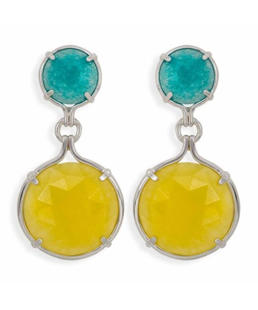 Pendientes largos de jade amarillos y azules fabricados en plata rodinada