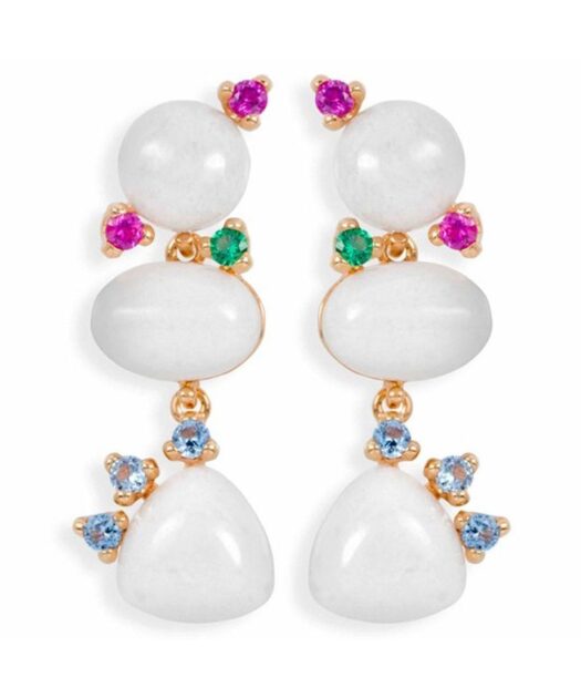 Pendientes largos de jade blanco en plata con cristales Swarovski