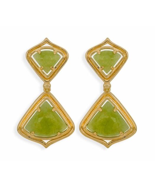 Pendientes largos dorados con jade verde de plata bañada en oro amarillo