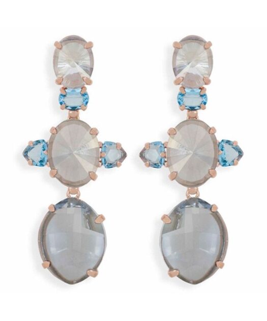 Pendientes largos grises y azules de plata bañada en oro rosa con Swarovski