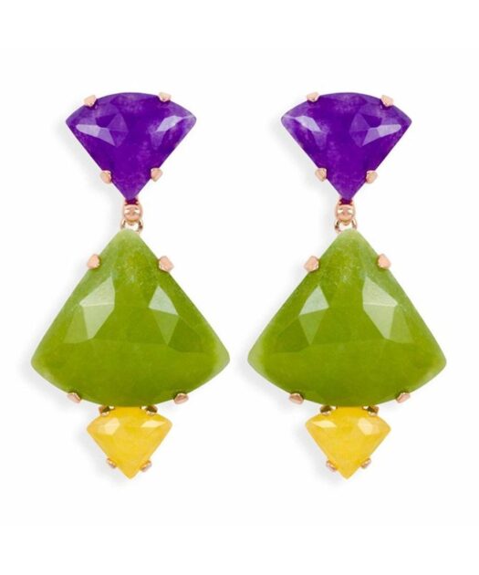 Pendientes largos jade amarillo, verde y morado de plata de primera ley bañada en oro