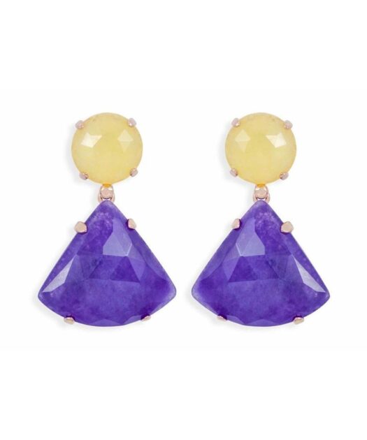 Pendientes largos jade amarillo y morado de plata bañada en oro rosa