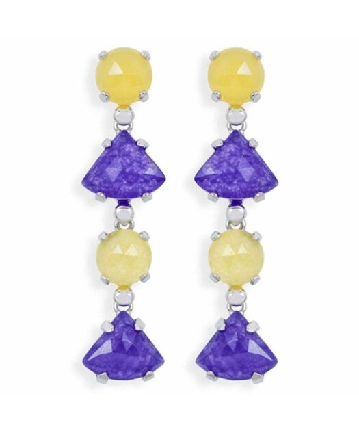 Pendientes largos jade amarillos y morados en plata de ley con baño de rodio