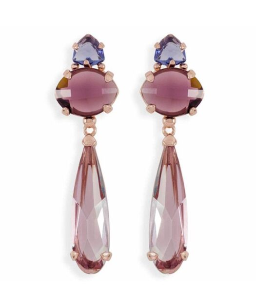 Pendientes largos oro rosa con Swarovski Elements violetas y morados