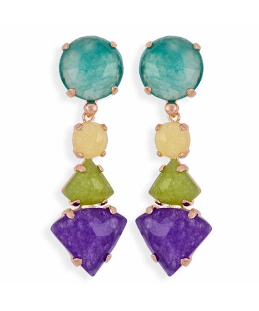 Pendientes largos rosas jade multicolor con una base de plata de primera ley