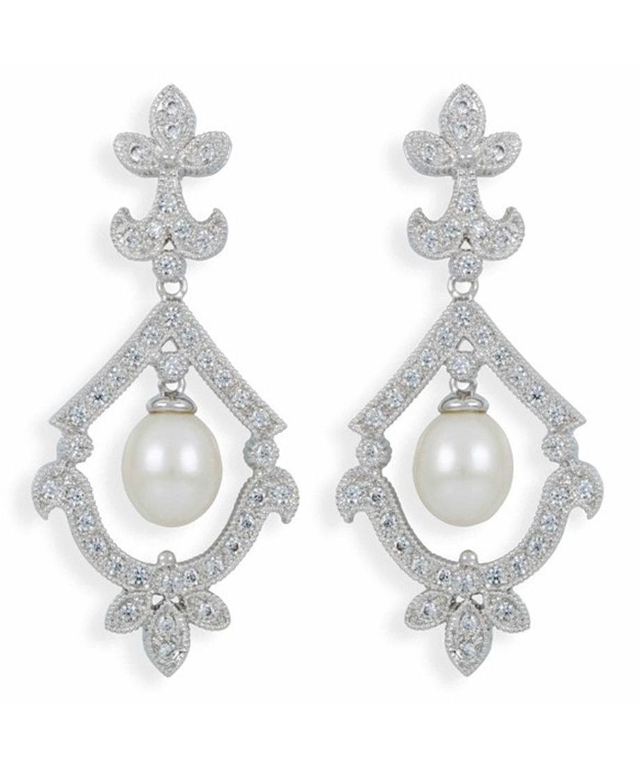 Pendientes novia de colgar con una perla de plata de ley bañada en rodio Pendientes novia de colgar con una perla de plata de ley bañada en rodio