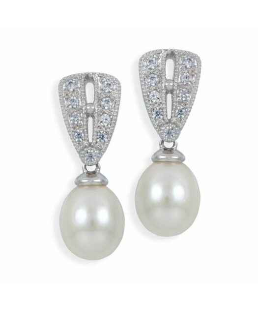 Pendientes novia de perlas blancas en plata de ley rodinada con cristales Swarovski