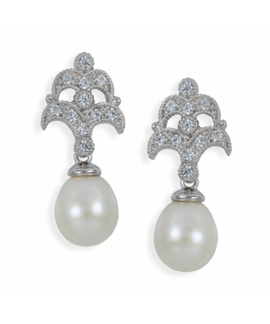 Pendientes novia pequeños de plata de ley bañada en rodio con perla y cristal Swarovski