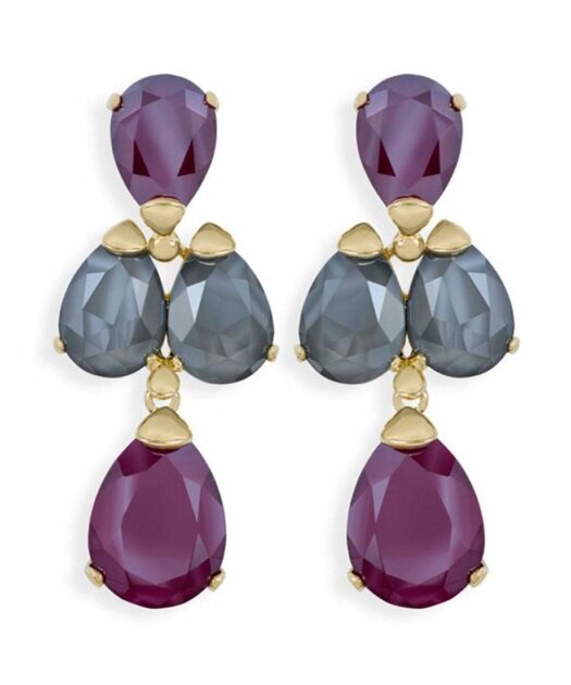 Pendientes oro amarillo con cristales grises y púrpuras de plata de primera ley