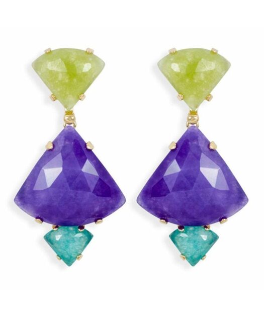 Pendientes oro amarillo con tres piedras de jade fabricados en plata de ley