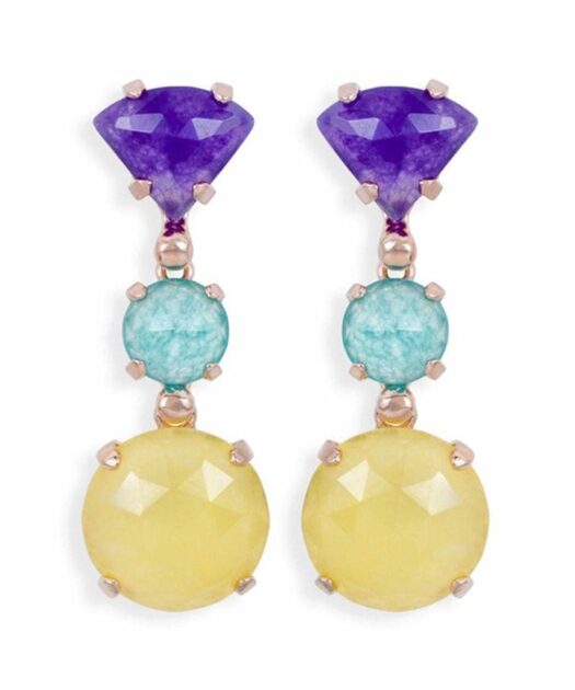 Pendientes piedras de jade amarillas, azules y moradas de plata bañada en oro rosa