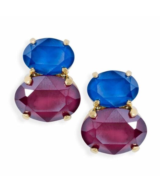 Pendientes purpuras y azules de plata bañada en oro con cierres omega