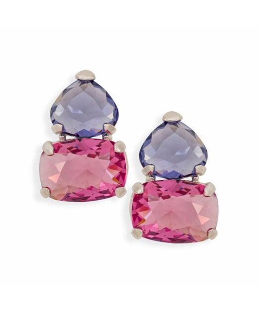 Pendientes rosas y violetas de plata rodinada con cierre omega