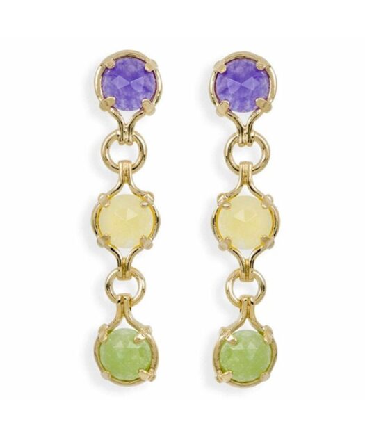 Pendientes tres piedras de jade de plata de ley con baño de oro