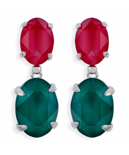 Pendientes verdes y rojos articulados de plata con cristal Swarovski