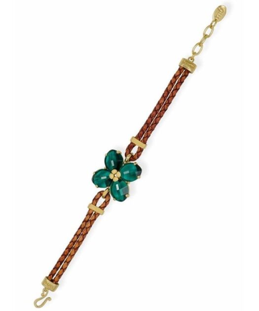 Pulsera cuero marrón con cristales Swarovski verdes en plata de ley bañada en oro
