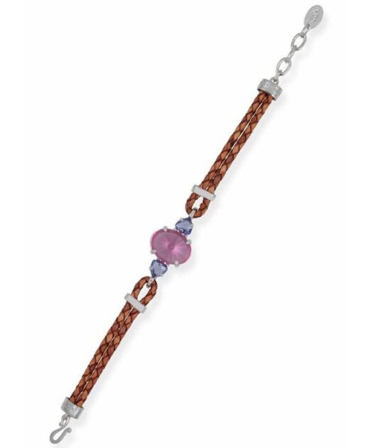 Pulsera cuero marrón trenzado con Swarovski Elements de plata de primera ley rodinada