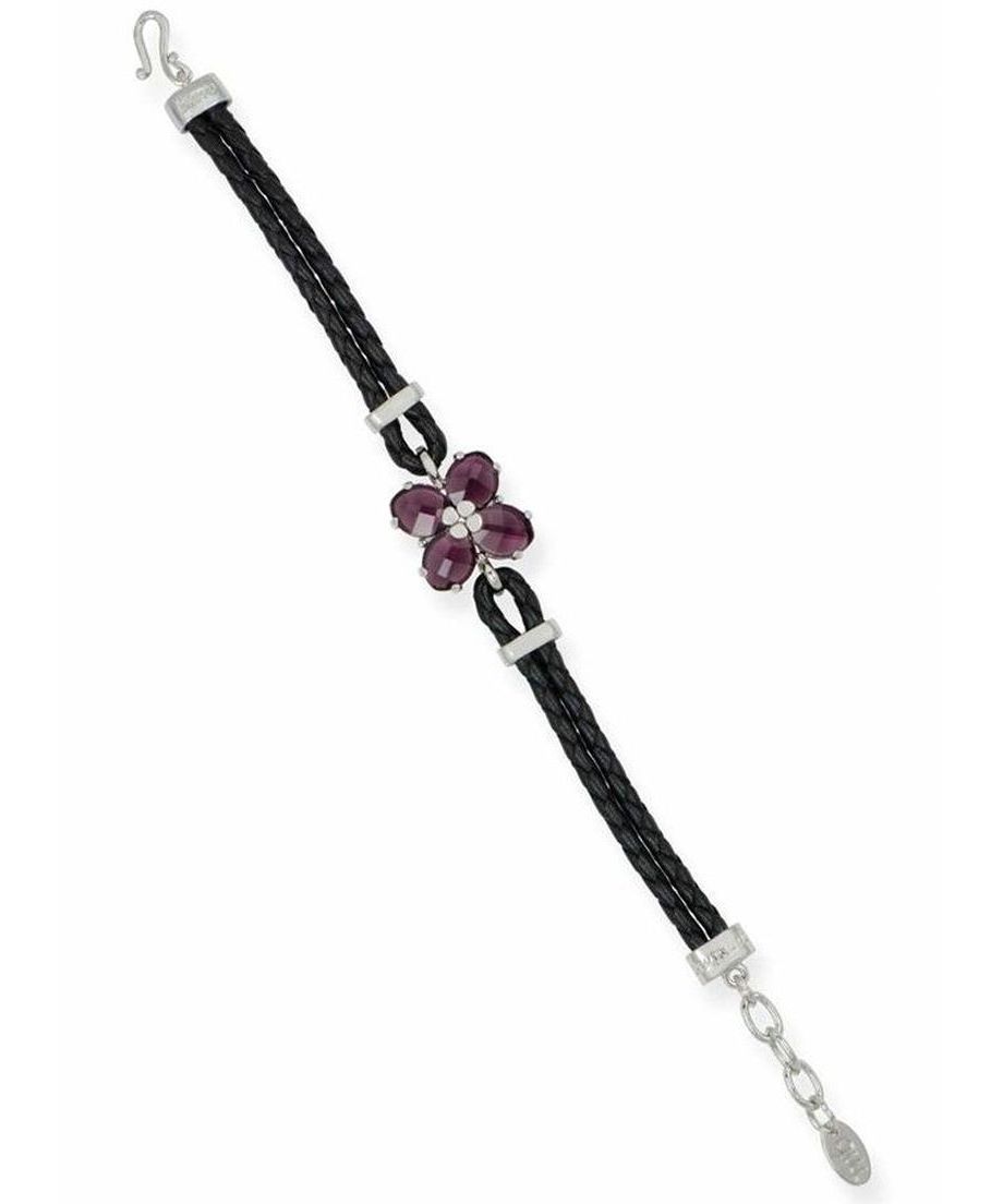 Pulsera cuero negro con cristales Swarovski morados de plata de ley rodinada Pulsera cuero negro con cristales Swarovski morados de plata de ley rodinada