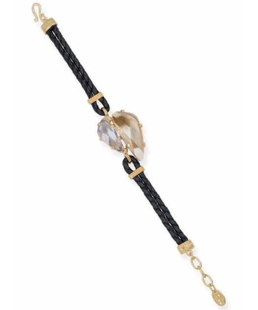 Pulsera cuero negro con Swarovski en plata bañada en oro 18 K