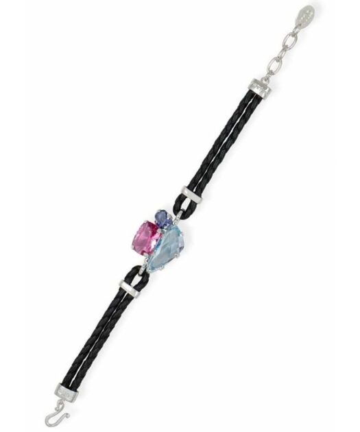 Pulsera cuero negro trenzado con cristales Swarovski en plata de ley rodinada