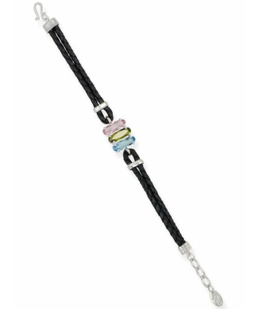 Pulsera cuero negro y plata rodinada con cristales Swarovski