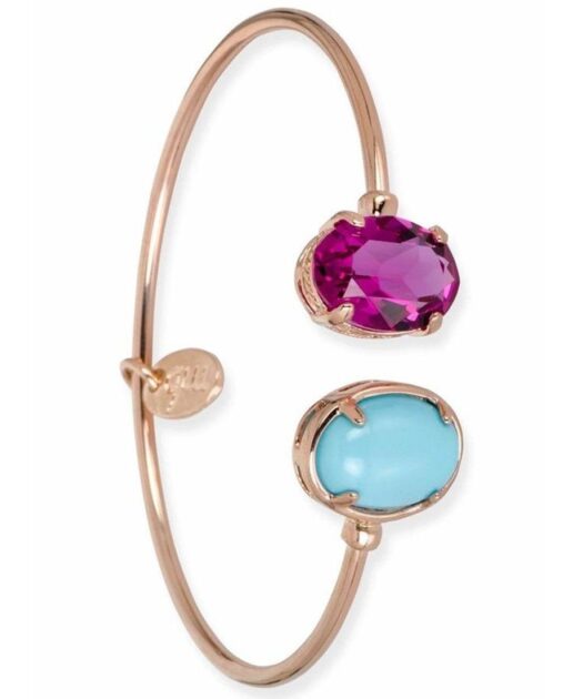 Pulsera de aro en oro rosa de plata de ley con una turquesa y un cristal morado