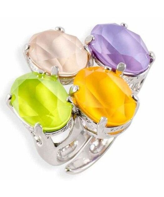 Anillo Swarovski amarillo, verde, morado y fumé de plata de ley con un baño de rodio.