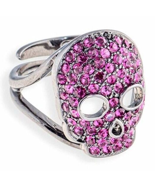 Anillo de calavera de plata con Swarovski Elements en tonos fucsias