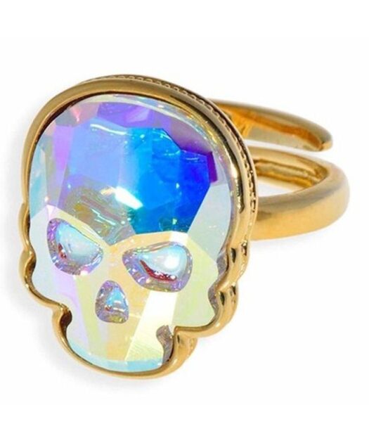 Anillo de calavera dorada con un cristal Swarovski fabricado en plata de primera ley