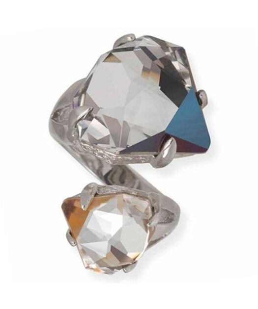 Anillo ciclón con cristales Swarovski negros y grises de plata de ley bañada en rodio.