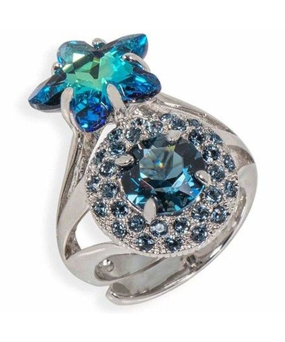 Anillo con una roseta y una estrella en tonos azules de cristal Swarovski. Fabricado en España de manera artesanal. Anillo con una roseta y una estrella en tonos azules de cristal Swarovski.