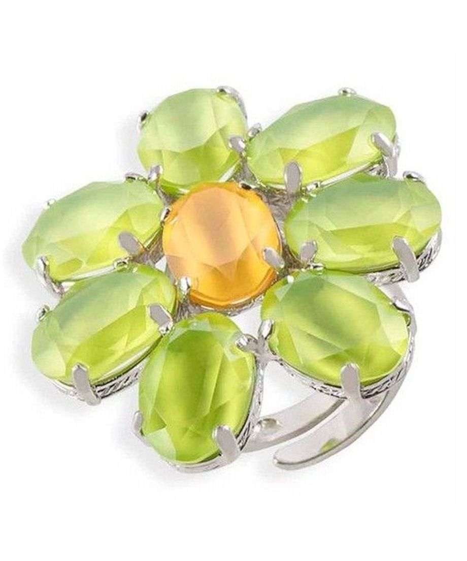 Anillo flor Swarovski amarilla y verde de plata de ley con un baño de rodio. Fabricado en España de manera artesanal. Anillo flor Swarovski amarilla y verde de plata de ley con un baño de rodio.