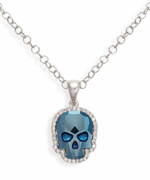 Colgante calavera Swarovski de color azul con cadena a juego