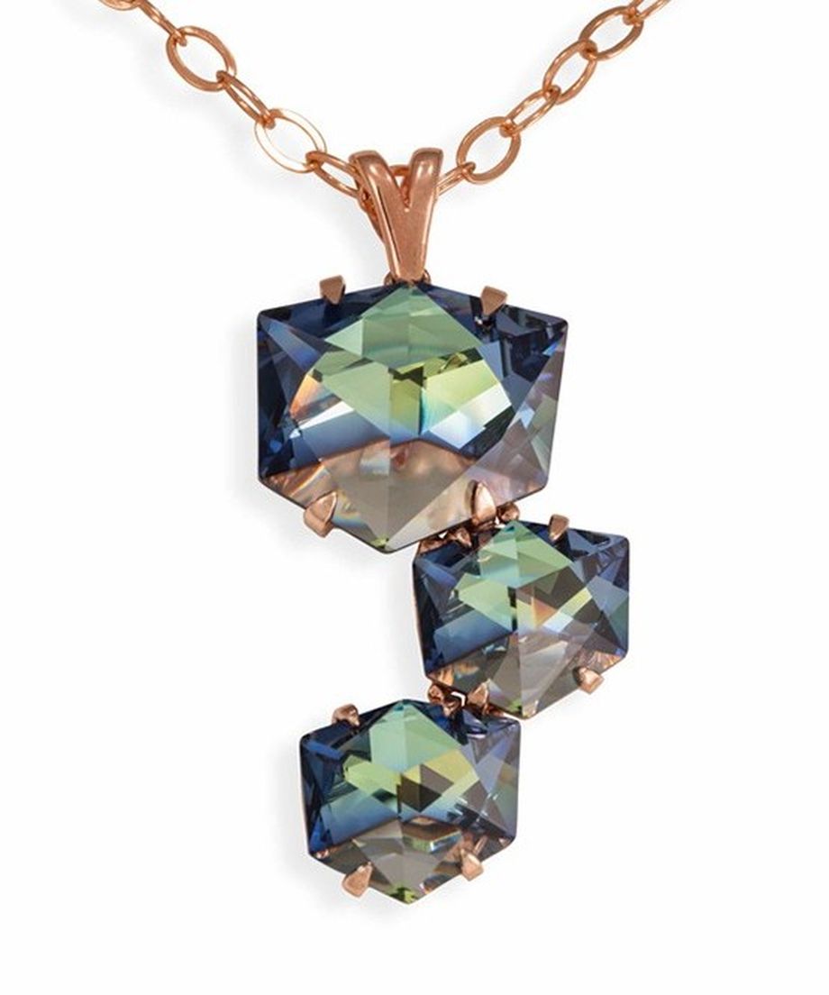 Colgante ciclón de plata bañada en oro rosa con cristales Swarovski azules y cadena de plata a juego. Diseñado y fabricado en España. Colgante ciclón de plata bañada en oro rosa con cristales Swarovski azules y cadena de plata a juego.