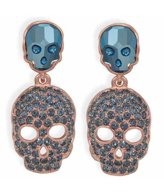 Pendientes con dos calaveras en tonos azules. Fabricados en plata de ley con un baño de auténtico oro rosa