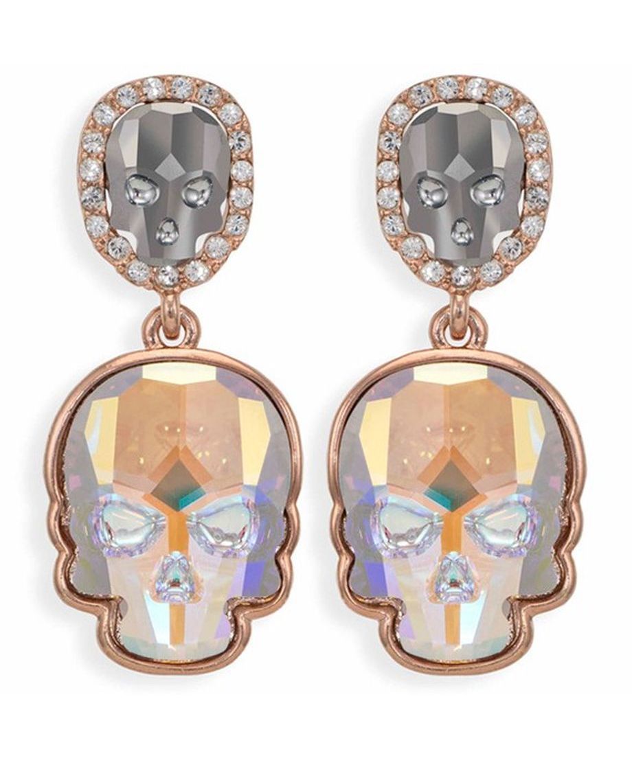 Pendientes de calaveras en tonos grises y fumé con auténticos cristales Swarovski. Hechos en plata de primera ley mediante procesos completamente artesanales. Pendientes de calaveras en tonos grises y fumé con auténticos cristales Swarovski