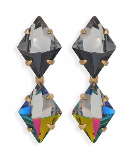 Pendientes articulado ciclón con dos cristales Swarovski negros y baño de oro rosa.