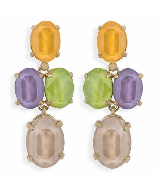 Pendientes articulados amarillos, verdes, lilas y marrones de plata de ley con un baño de oro rosa.