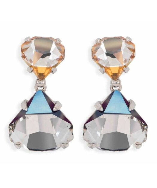 Pendientes articulados ciclón con Swarovski Elements marrones y grises de plata de ley bañada en rodio.
